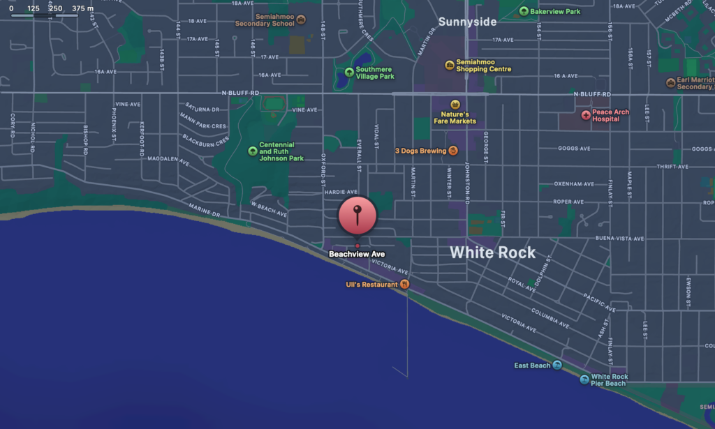 A map view of where Beachview Ave is located in White Rock, BC